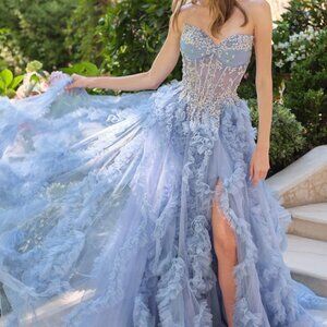 BLUE PROM DRESS. FORMAL QUINCENARA PARTY STRAPLESS CORSET RUFFLED BALL GOWN
